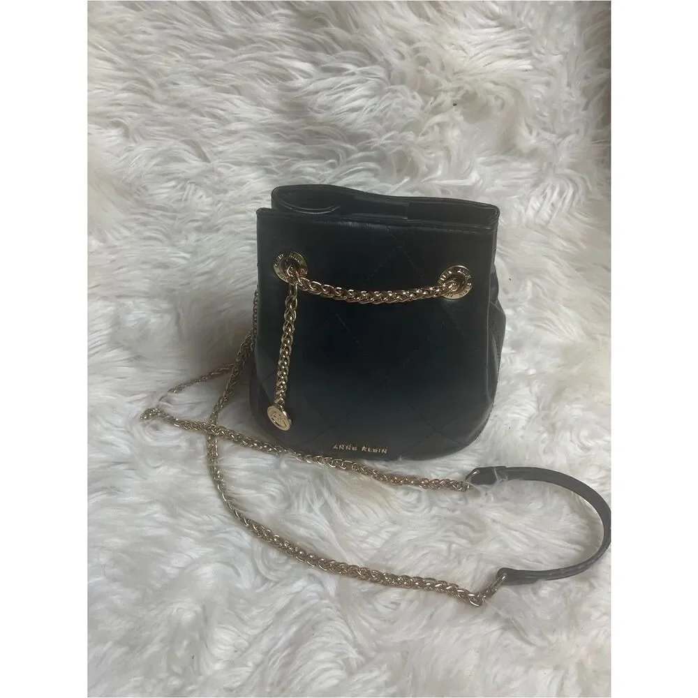 Anne Klein syntheticBlack Quilted Bucket Crossbody with Gold Chain strap &accent